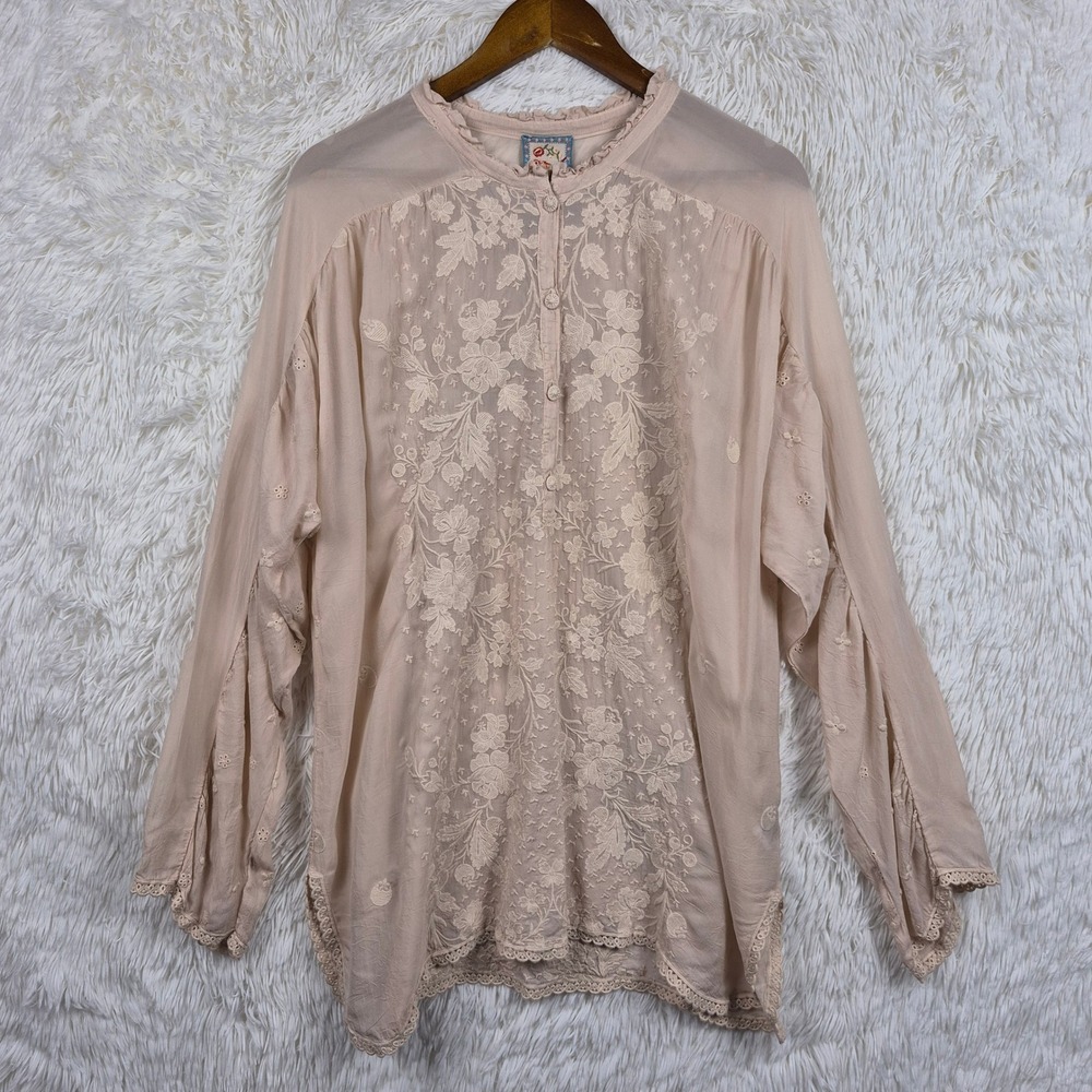Johnny Was Carine Blouse Pink Embroidered Semi Sheer XL Cupra Cottagecore Boho
